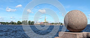 View of the Peter and Paul Fortress. Descent to the Neva on the Spit of Vasilyevsky Island. St. Petersburg.