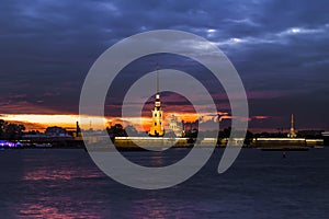 View of the Peter and Paul Fortress with the illumination of the