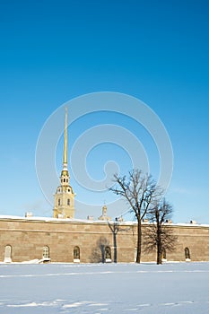 View of the Peter and Paul Fortress in winter.