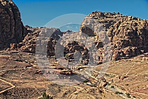 View of petra in the mountains in jordan