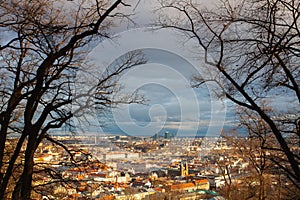 View from Petrin Park on Prague City at  sunset. Czech Republic