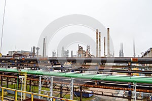 View of the petrochemical factory. Pipelines, columns. Refinery.