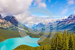 View at the Peyto lake and the north mountain massif from Bow Summit in Canadian Rocky Mountains - Banff National Park