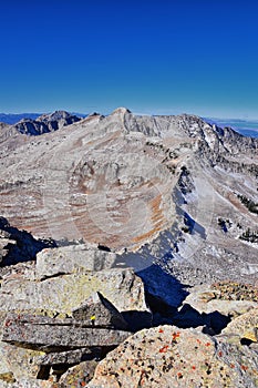 View of Pfeifferhorn peak and Lone Peak Wilderness mountain landscape from White Baldy and Pfeifferhorn trail, towards Salt Lake V