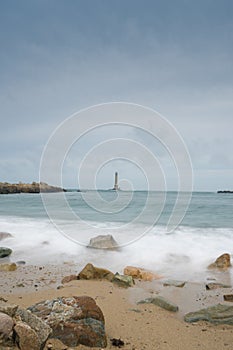 View of the Phare de Goury lighthouse on the north coast of Normandy in France