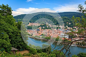 View from the Philosopher`s Path to the old town of Heidelberg with the castle and the Holy Spirit Church, Baden Wuerttemberg, Ge