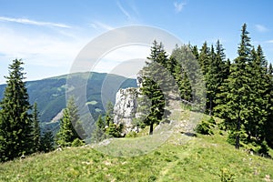 View of Piatra Soimului Peak Hawk`s stone in Rarau mountains,  Bucovina,  Romania