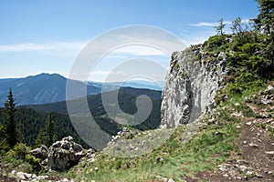 View of Piatra Soimului Peak Hawk`s stone in Rarau mountains,  Bucovina,  Romania