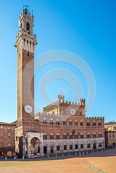 View of Piazza del Campo Campo Squarewith the Mangia Tower Torre del Mangiain Siena - Italy