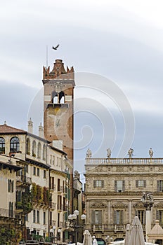 View of the Piazza delle Erbe in center of Verona city, Italy and Gardello tower in background