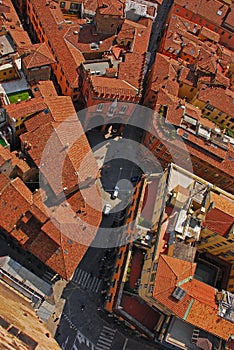 View of Piazza Mercanzia square taken from Asinelli Tower of Two Towers in Bologna, Emilia Romagna region in Northern Italy