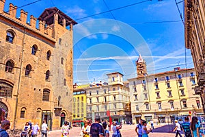 View of Piazza Re Enzo historical buildings Bologna Italy