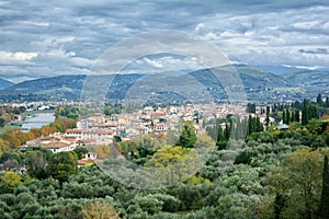 View from Piazzale Michelangelo to the Botanical Garden Giardino dell`Iris, Arno river and hills