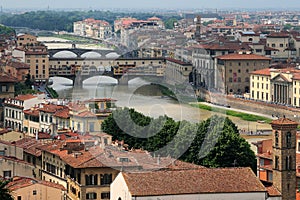 View From Piazzale Michelangelo To The River Arno And The Historic Bridge Ponte Vecchio In Florence Tuscany Italy