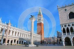 View of Piazzetta San Marco with St Mark`s Campanile, Lion of Ve