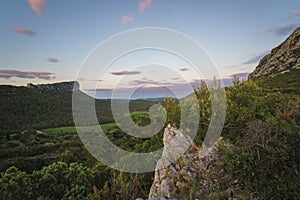 View of Pic Saint-Loup and Pic de l`Hortus, two famous mountains in the south Fance