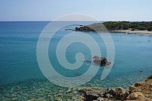 View of the picturesque beach of Paralia Glistra in September. Lardos, Rhodes Island, Greece