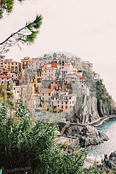 View of picturesque Manarola town on the seashore, Five Lands, Italy