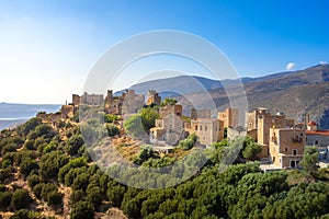 View of the picturesque medieval village of Vatheia with towers, Lakonia, Peloponnese.