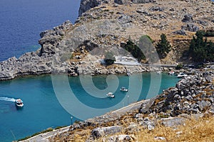 View of the picturesque St. Paul\'s Bay in Lindos. Rhodes Island, Dodecanese, Greece