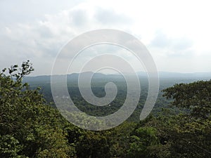 The view on the Pidurangala mountain from Sigiriya Rock or Sinhagiri aerial panoramic, Dambulla in Sri Lanka