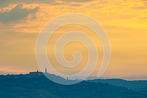 View of Pienza in springtime at sunrise, Tuscany, Italy