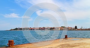 View from the pier in the Black Sea to the Old Town of Nessebar.