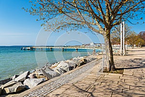 View of the pier and promenade in the town of Sassnitz on the island of Ruegen, Germany