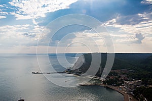 View of the pier. Sunset. Aerial view of the Black Sea coast in Kavarna