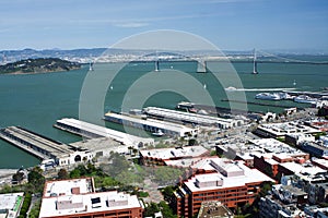 View of piers in San Francisco bay and Oakland bri