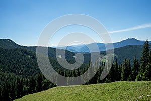 View of Pietrele Doamnei mountain Lady`s stones cliff from the valley. Rarau mountains in Bucovina,  Romania