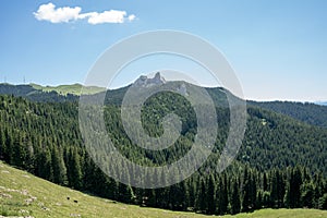 View of Pietrele Doamnei mountain Lady`s stones cliff from the valley. Rarau mountains in Bucovina,  Romania