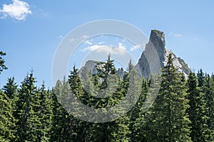 View of Pietrele Doamnei mountain Lady`s stones cliff from the valley. Rarau mountains in Bucovina,  Romania