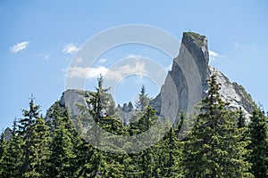 View of Pietrele Doamnei mountain Lady`s stones cliff from the valley. Rarau mountains in Bucovina,  Romania