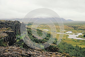 View of the Pigvellir, the landscape where the two tectonic plates join, Pigvellir, Iceland