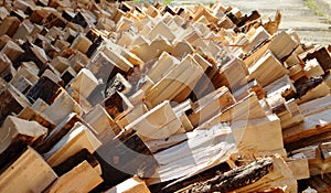 View of a pile of decayed firewood in the yard during a sunny day