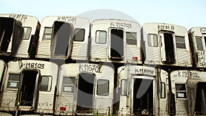View of a pile of unused train carriages