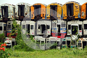 View of a pile of unused train carriages