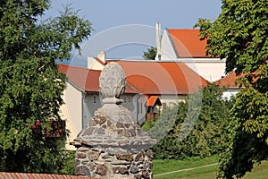 View of pillar with decoration of the fortification wall of medieval Cerveny Kamen Red Stown Castle near Casta village, Slovakia