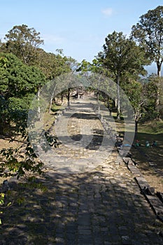 View of the pillared causeway at the 11th century Preah Vihear Temple complex