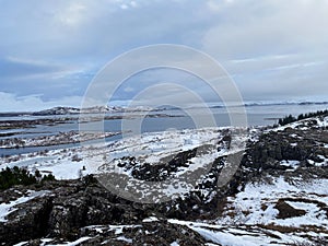 A view of the Pingvellir National Park in Iceland in the winter