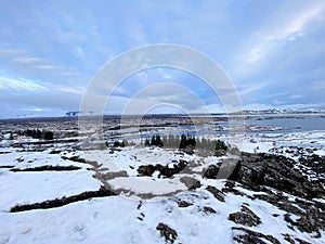 A view of the Pingvellir National Park in Iceland in the winter