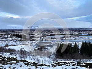 A view of the Pingvellir National Park in Iceland in the winter