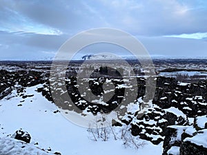 A view of the Pingvellir National Park in Iceland in the winter