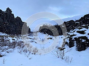 A view of the Pingvellir National Park in Iceland in the winter
