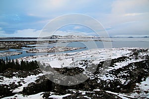 A view of the Pingvellir National Park in Iceland in the winter