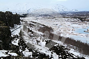 A view of the Pingvellir National Park in Iceland in the winter