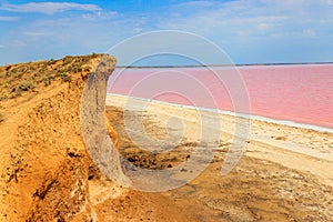 View of pink salty Syvash lake in Kherson region, Ukraine