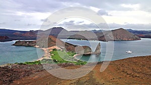 View of Pinnacle Rock on Bartolome island, Galapagos National Park, Ecuador