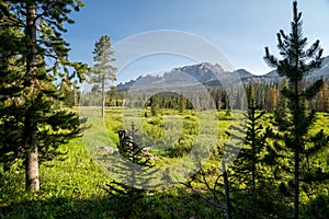 VIew of the Pinnacles Buttes near Brooks Falls waterfall area, in Wyomings Shoshone National Forest in summer photo